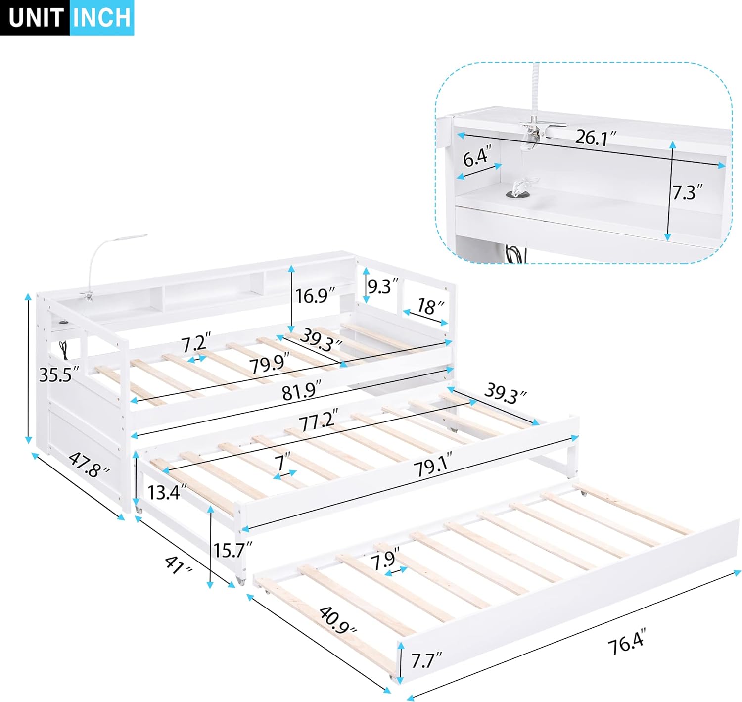 Wooden Twin XL Daybed with 2 Trundles, Multi-function Bedframe 3 Storage Cubbies,1 Light and USB Charging Design for Living Room,Bedroom,Gray