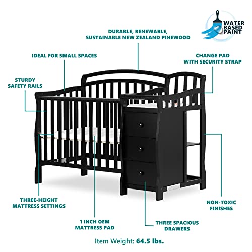 Casco 3-In-1 Mini Crib And Changing Table In Espresso, Convertible Crib, Made Of Pinewood, Three Position Adjustable Mattress Height Settings