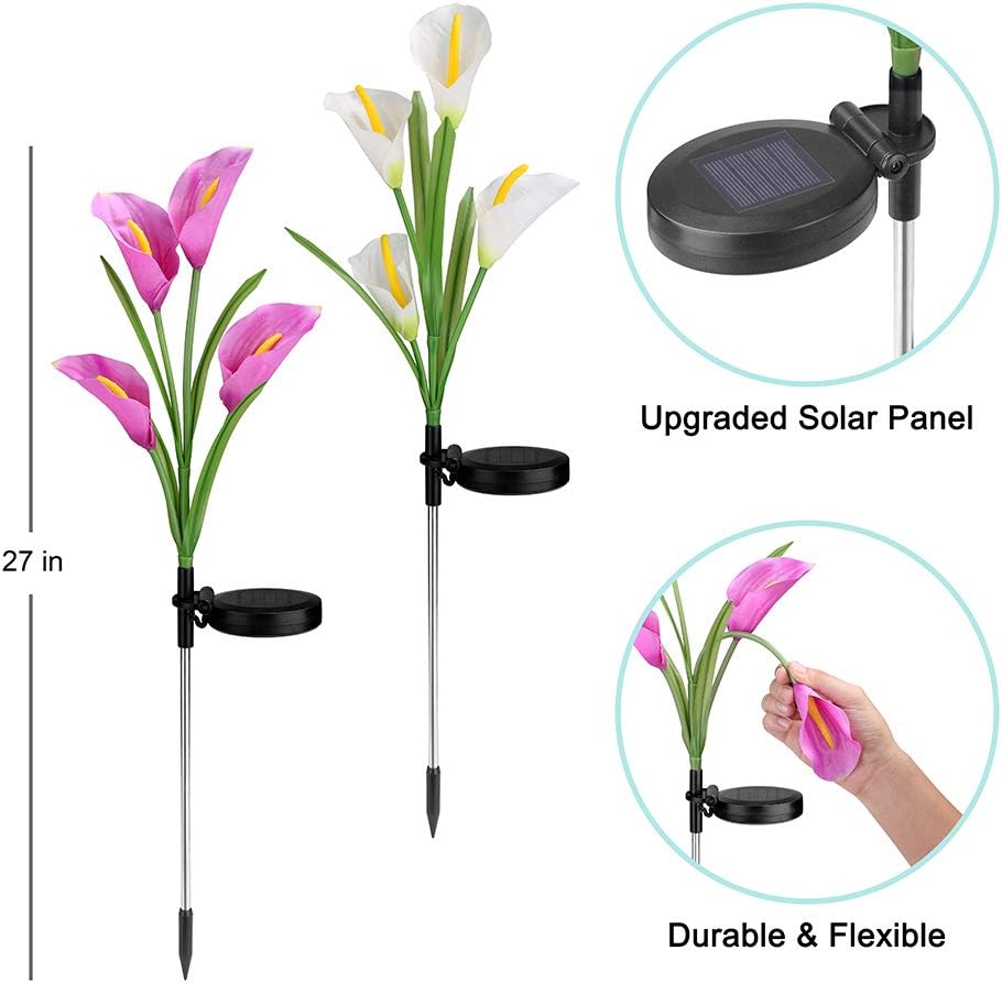 Aloudy Solar Garden Stake Lights, Upgraded 3 Pack Outdoor Waterproof Solar Powered Lights with 12 Calla Lily Flowers, 7 Colors Changing LED Solar Lights for Garden, Patio, Backyard(Purple and White)