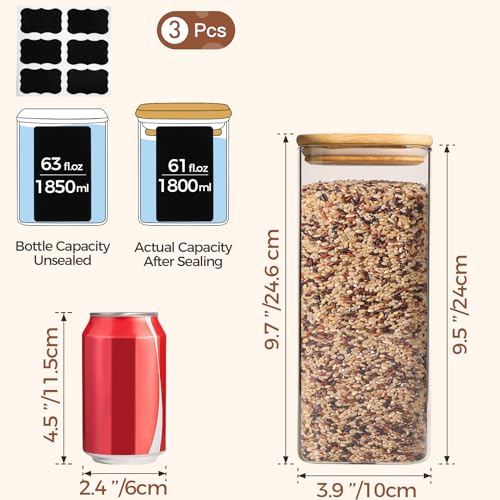 ComSaf Airtight Glass Storage Canister with Bamboo Lid (24oz/37oz/51oz) Set of 6, Clear Food Storage Container Kitchen Pantry Storage Jar for Flour Cereal Sugar Tea Coffee Beans Snacks, Square