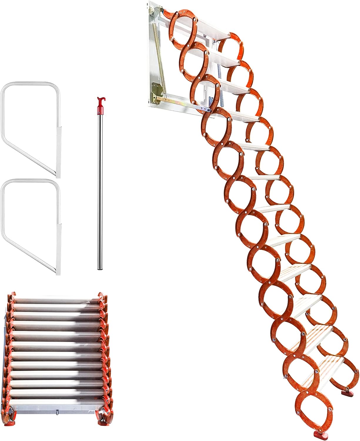 TECHTONGDA 9.8ft Attic Loft Pull Down Ladder, 12 Steps Wall Mounted Folding Step Ladder Stairs, Mg-Al Alloy, Orange, with Armrests and Pull Rod