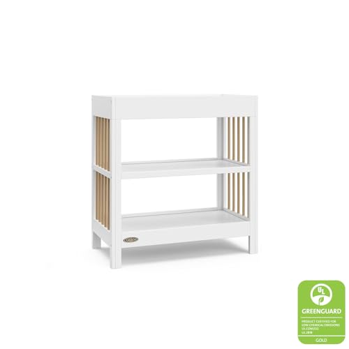 Graco Teddi Changing Table with Water-Resistant Changing Pad (White with Driftwood) - GREENGUARD Gold Certified, Includes Bonus Water-Resistant Changing Pad with Safety Strap, 2 Shelves, Easy-to-Match