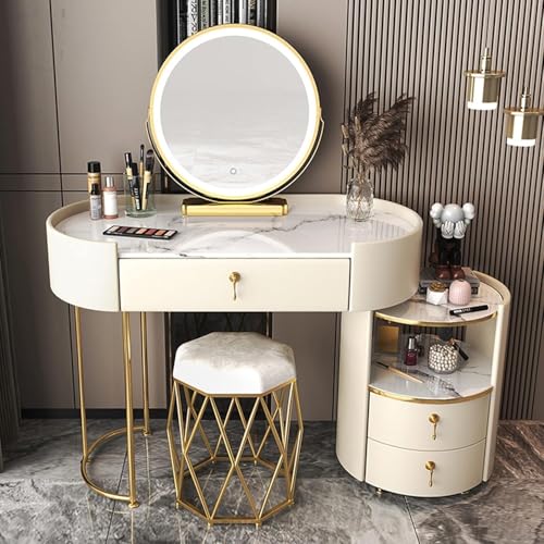Makeup Vanity Desk with Mirror and Lights, Modern Style and Sophistication, Simple Dressing Table Set with Drawer, Side Cabinet, Chair Vanity Benches - Ideal for Her,Grey,80cm/32in