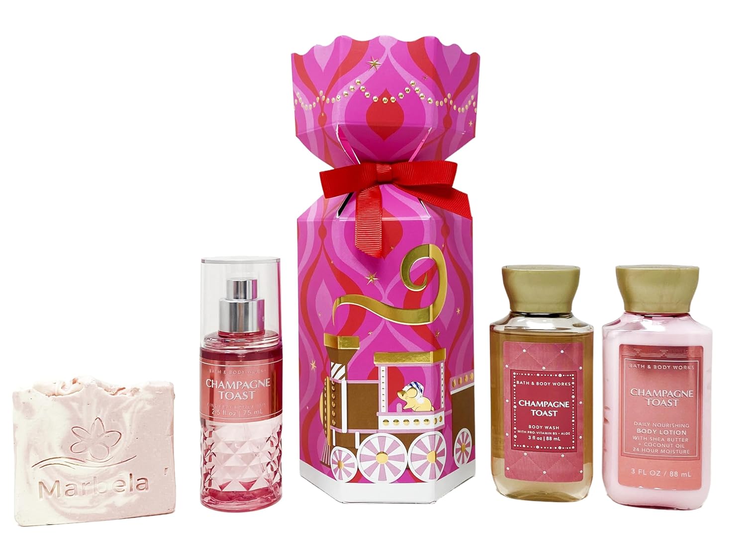 Bath & Body Works Champagne Toast - Mini Gift Set - Fine Fragrance Mist, Body Lotion and Body Wash With a Himalayan Salts Springs Sample Soap.