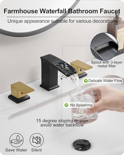 Bathroom Waterfall Faucet, Brass 4-16 Inch Brushed Nickel Faucet Bathroom Widespread 2 Handles Bathroom Sink Faucets 3 Hole with Hoses & Drain