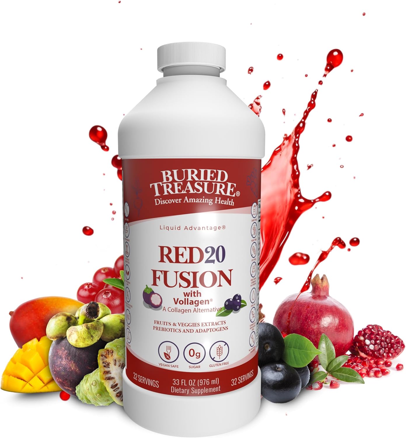 Buried Treasure Red20 Fusion - Liquid Reds SuperFood Powder for Antioxidants, Beet Root, Elderberry, Green Tea, Pomegranate, Acai, Blueberry, Prebiotics, polyphenols supplement, with Vegan Amino Acids