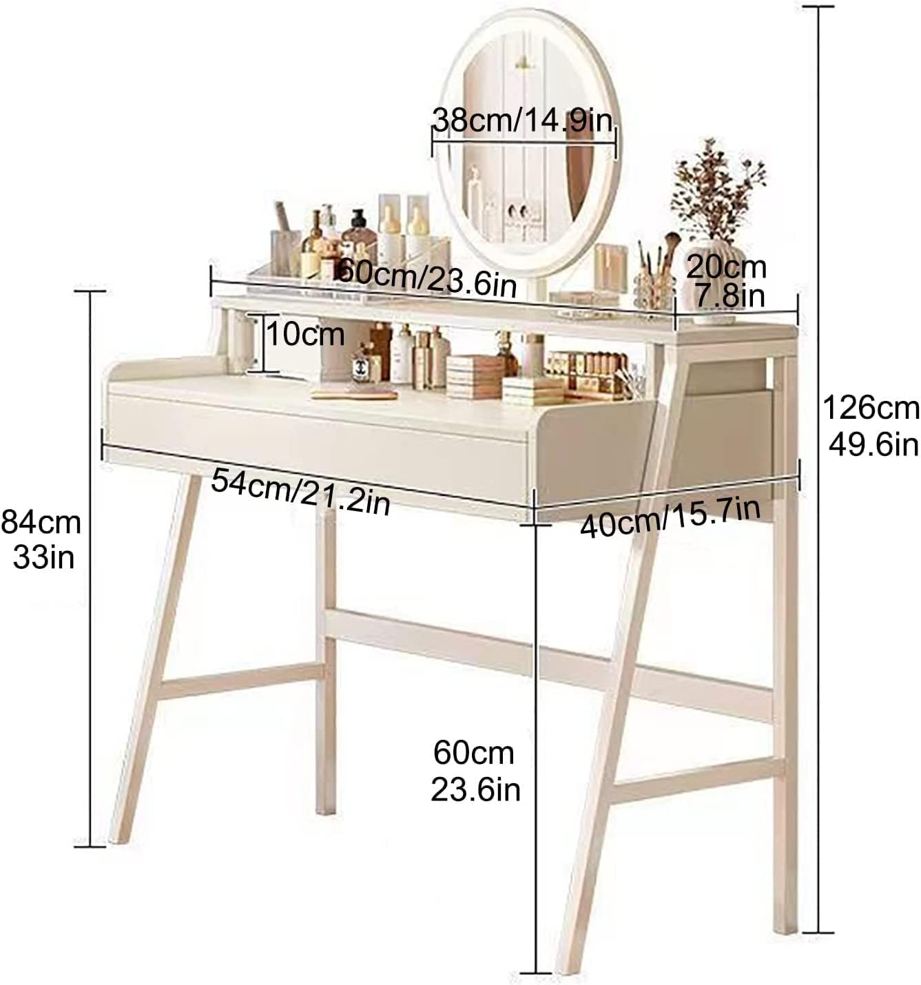 Sturdy Large Vanity Desk for Dressing Room Bedroom, Makeup Table with 3 Dimming Lights Mirror, Vanity Set with Makeup Stool Stable