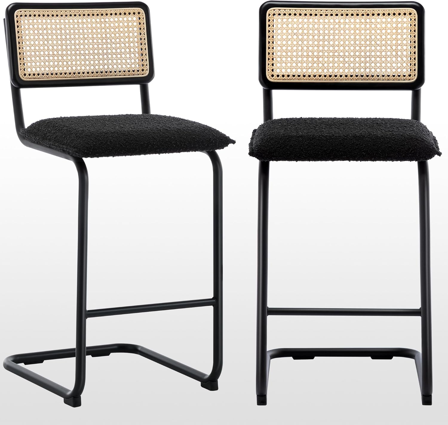 Zesthouse Boucle Bar Stools Counter Height Set of 2, 26'' Rattan Barstools with Wooden Back & Natural Cane Mesh, Mid Century Cantilevered Design Counter Stools for Kitchen Island, Chrome Base