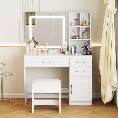 Makeup Vanity Desk,Modern Dressing Table with Drawers & Storage Cabinet, 3-Color Lights & Touch Screen Dimming Mirror, White Simple Vanity for Bedroom