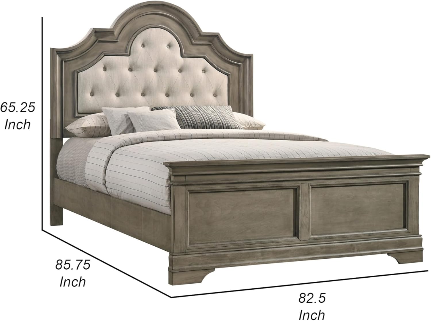 Benjara Bem King Size Bed, Scalloped and Arched Headboard, Fabric Upholstery, Light Gray and Cream