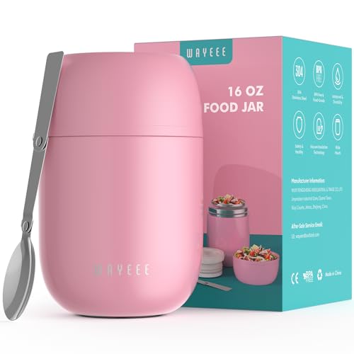 Food Thermos for Hot Food Insulated Food Jar, Vacuum Bento Box Lunch Containers 16 oz for Kids Adults, Airtight Stainless Steel Food Soup Thermos with Spoon, for School, Travel, Picnic - Pink