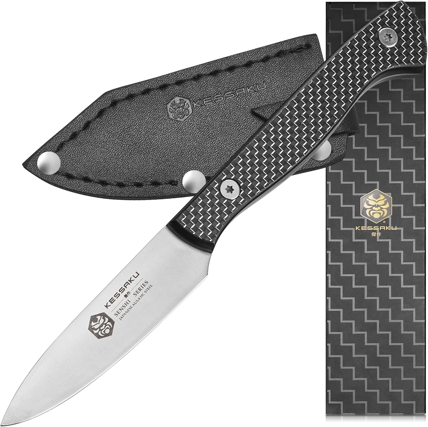 3.5-Inch Paring Knife - Senshi Series - Forged Japanese AUS-8 High Carbon Stainless Steel - Carbon Fiber G10 Handle with Sheath
