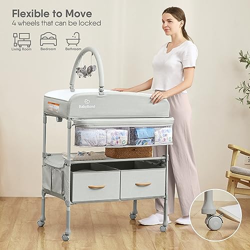 Portable Baby Changing Table with 2 Storage Baskets, BabyBond Foldable Changing Table Dresser Waterproof Diaper Changing Table Height Adjustable Changing Station for Infant and Newborn(Grey)