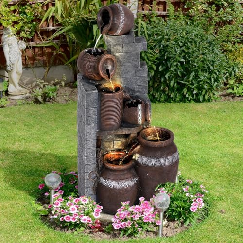 LEISU 5-Tiers Outdoor Indoor Fountains Modern Resin Floor-Standing Cascading Water Feature Fountain with LED Lights,Garden Deck Patio Porch Backyard Court (Pottery Jar + Wooden Stake Modeling)
