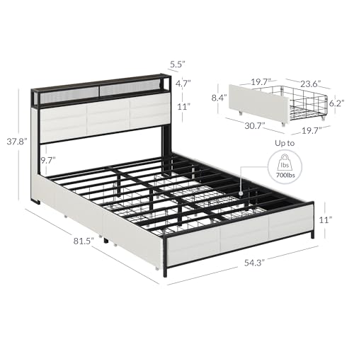 BELLEZE Queen Size Bed Frame with Storage Drawers and Headboard, Fabric Upholstered Platform Bed Frame with Ultra-Fast USB Type A/C Outlet and RGB LED Light, No Box Spring Needed - Century (Gray)