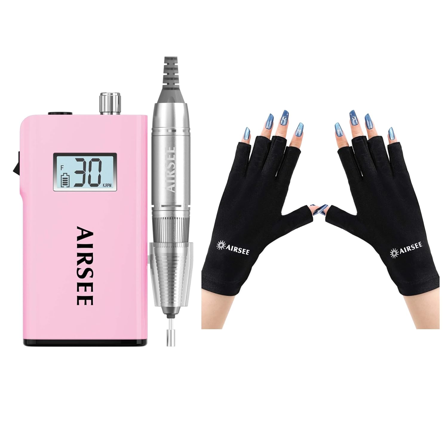 AIRSEE Rechargeable 30000RPM Electric Nail Drill Professional Portable E File Machine for Acrylic Nail+AIRSEE UV Gloves for Nail Lamp,Professional UPF50+ UV Protection Gloves for Manicures Nail Art