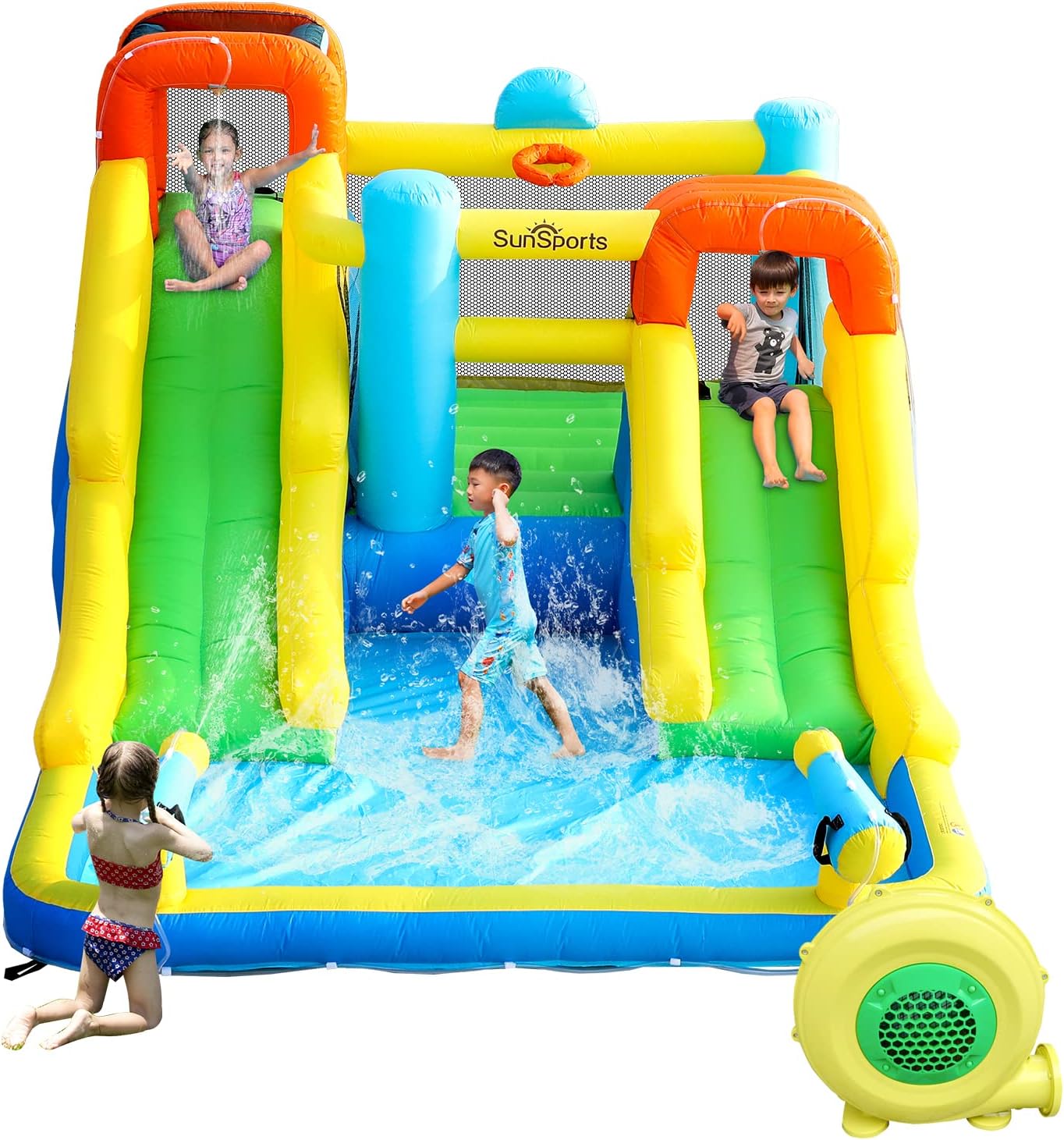SunSports Inflatable Water Slide,Bouncy Castle for Kids Outdoor,7 in 1 Dual Waterslide Bounce House with Water Cannon,Inflatable Water Park with Jump House,Water Slides for Kids Backyard Party