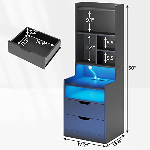 Tall Nightstand Set of 2, LED Nightstand with Charging Station, Bedside Table with Shelves and 2 Drawers, Tall End Side Table with LED Lights and Storage, White