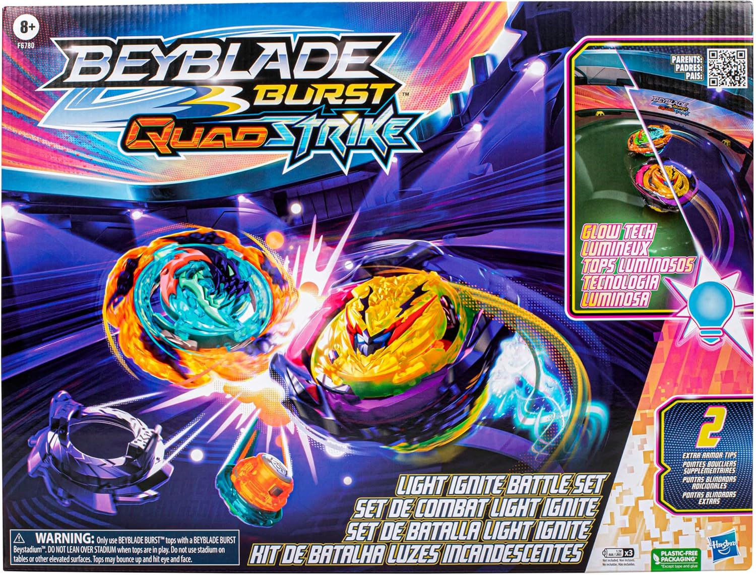 BEYBLADE Burst QuadStrike Light Ignite Battle Set Stadium, 2 Spinning Tops, and 2 Launchers, Toys for 8 Year Old Boys & Girls & Up (Amazon Exclusive)