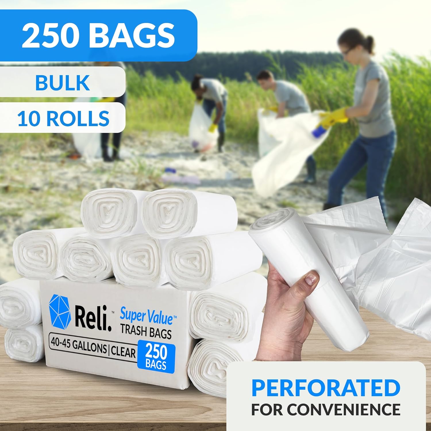 Reli. SuperValue 40-45 Gallon Trash Bags | 250 Count | Made in USA | Heavy Duty | Bulk | Clear Multi-Use Garbage Bags