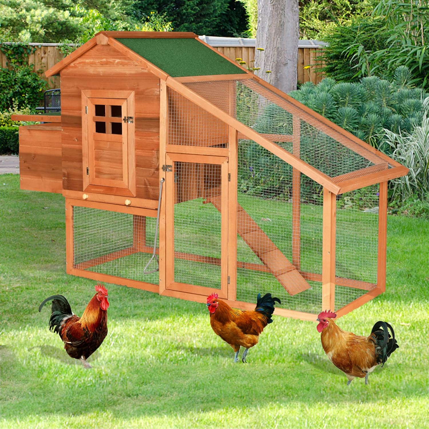 Outdoor Wooden Chicken Coop, 70” Hen Cage Rabbit House, Bunny Hutch with Ventilation Door, Nesting Box, Removable Ramp Farm Garden Backyard Pet House (69.68'' x 25.59'' 46.46'')
