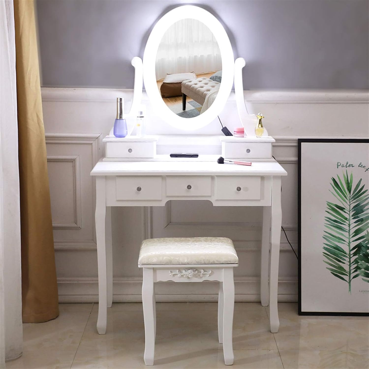 MDF Makeup Table Set with Light Bulb Single Mirror 5 Drawer Dressing Table White