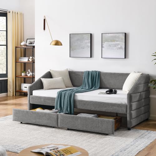 Twin Size Daybed with Storage, Modern Upholstered Linen Sofa Bed with 2 Pull-Out Drawers for Apartment Living Room Guest Room, Solid Wood Trundle Day Bed Frame, No Box Spring Needed, Grey