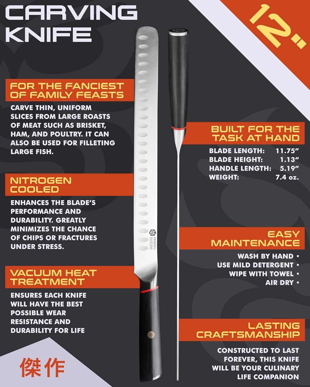 Carving Knife - 12 inch - Spectre Series - Razor Sharp - Granton Edge - Forged Japanese AUS-8 High Carbon Stainless Steel - Spanish Pakkawood Handle with Blade Guard