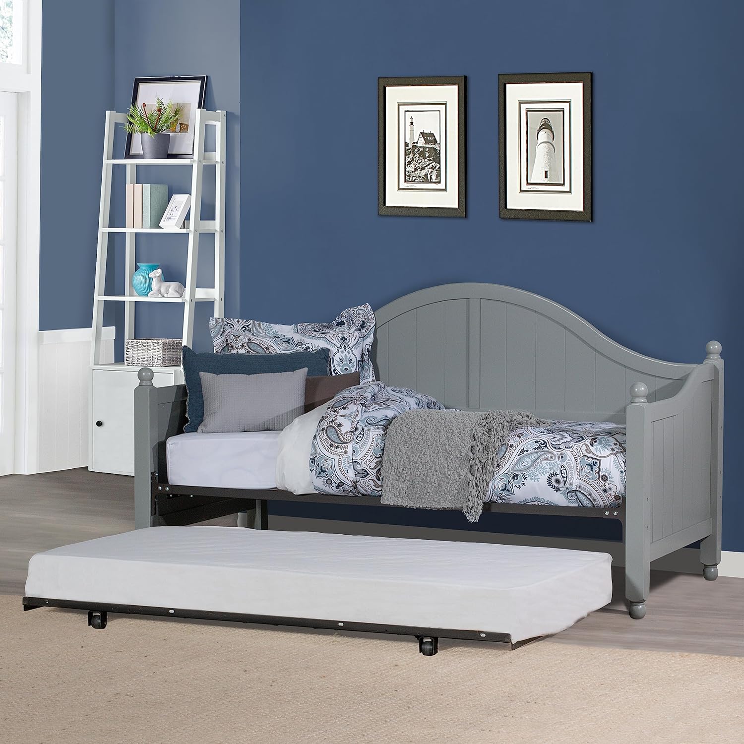 Hillsdale, 2545DBLHTR, Augusta Wood Daybed with Suspension Deck and Metal Roll Out Trundle, Gray, Twin