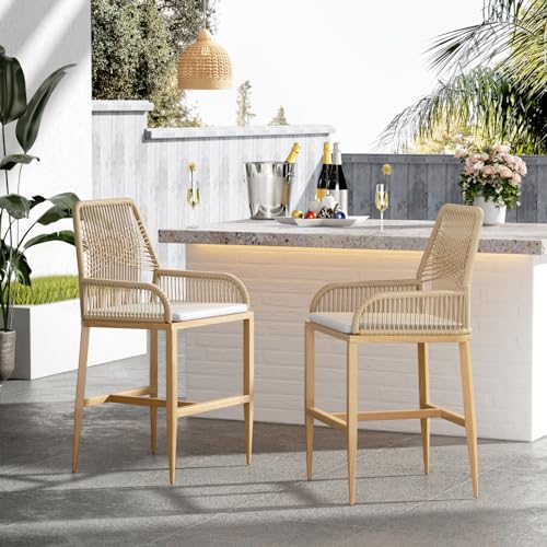 Counter Height Bar Stools Set of 2, Rattan Wicker Barstools with Backrest and Cushion, Modern Patio Stools for Kitchen Patio Balcony Pool Outdoor Accent Counter Chairs, Brown