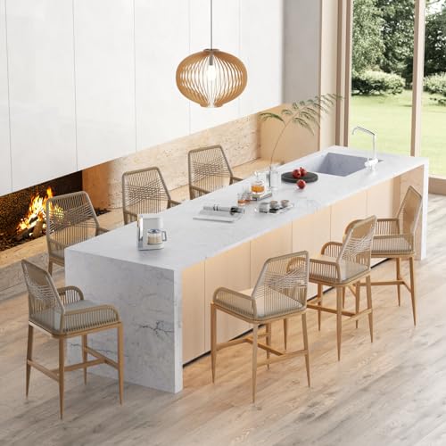 Counter Height Bar Stools Set of 2, Rattan Wicker Barstools with Backrest and Cushion, Modern Patio Stools for Kitchen Patio Balcony Pool Outdoor Accent Counter Chairs, Brown