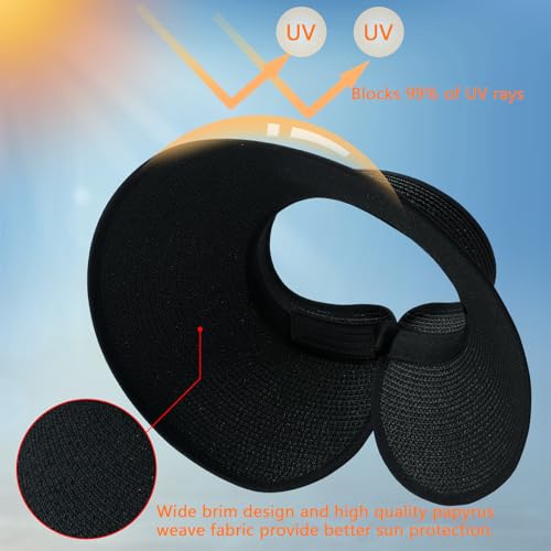 VIFUUR Sun Straw Hats Roll-up Ponytail Wide Brim Summer Visor for Womens Beach Hat Packable UPF UV Travel
