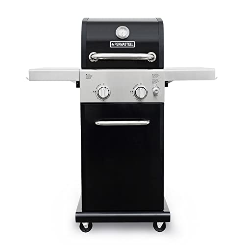 Permasteel 2-Burner Gas Grill, Foldable Side Tables, Grilling Tool Hooks, Propane Gas Barbecue Grill, Black with Copper Accent