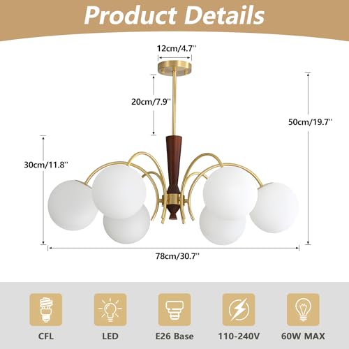 KCO Lighting Vintage 6 Light Gold Sputnik Light Fixture White Globe Chandelier Light Fixture Farmhouse Wood Chandelier Mid Century Modern Milk Glass Chandeliers for Dining Room