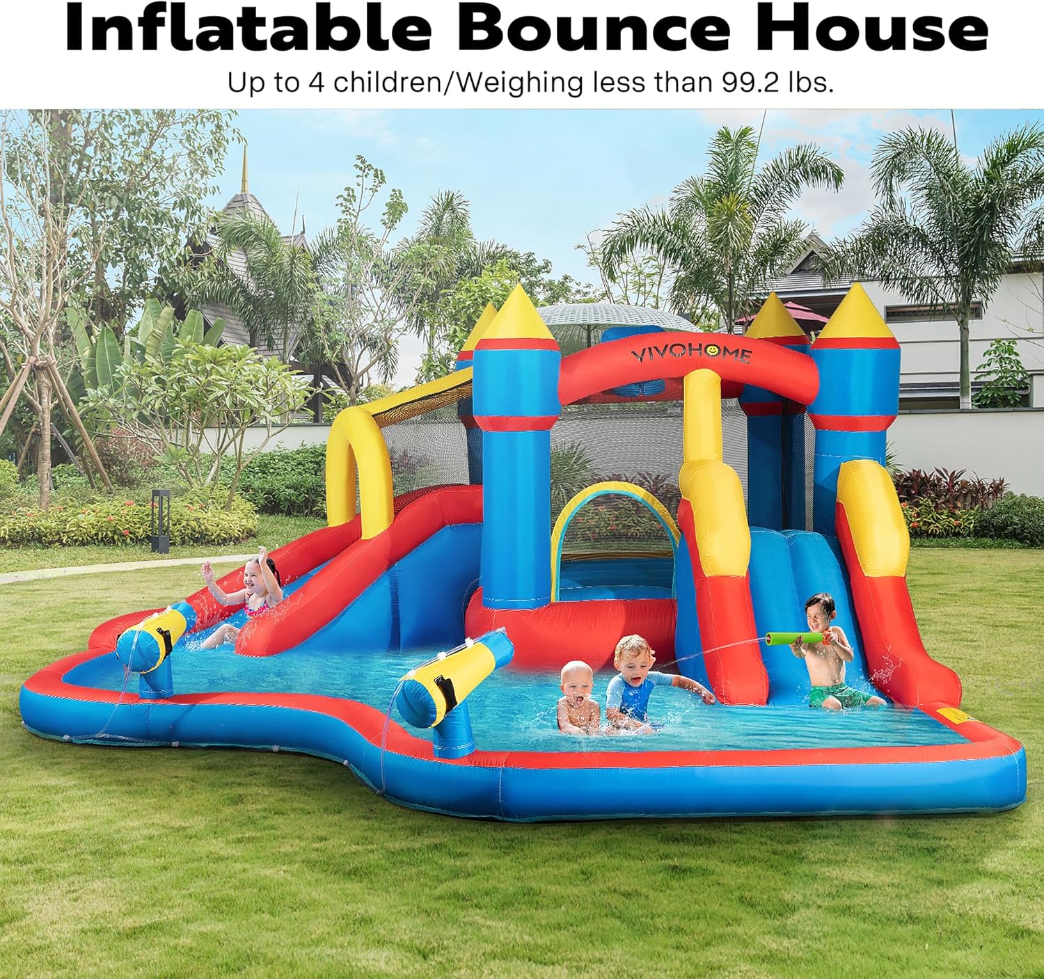 VIVOHOME Inflatable Bounce House Water Bouncer Jumping Castle with 450W Air Blower, Double Water Slide, Sprinkler, Splash Pool, Basketball Hoop, Water Gun, Climbing Wall for Kids Outdoor Backyard