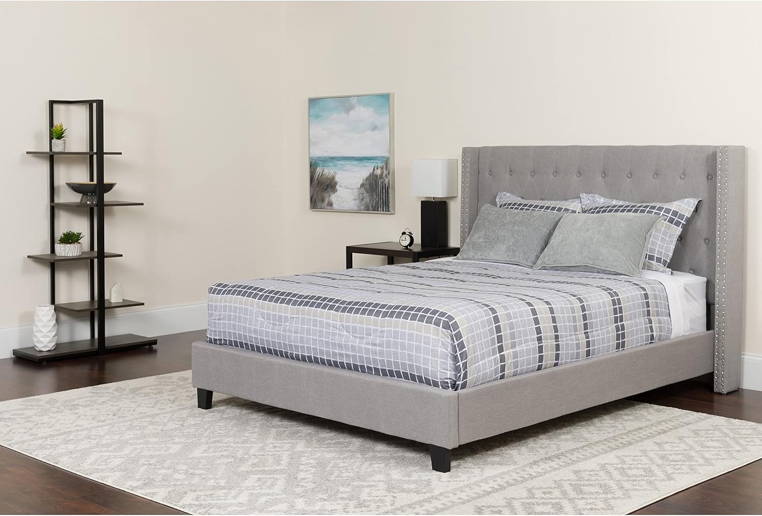 Flash Furniture Riverdale Queen Size Tufted Upholstered Platform Bed in Light Gray Fabric with Pocket Spring Mattress