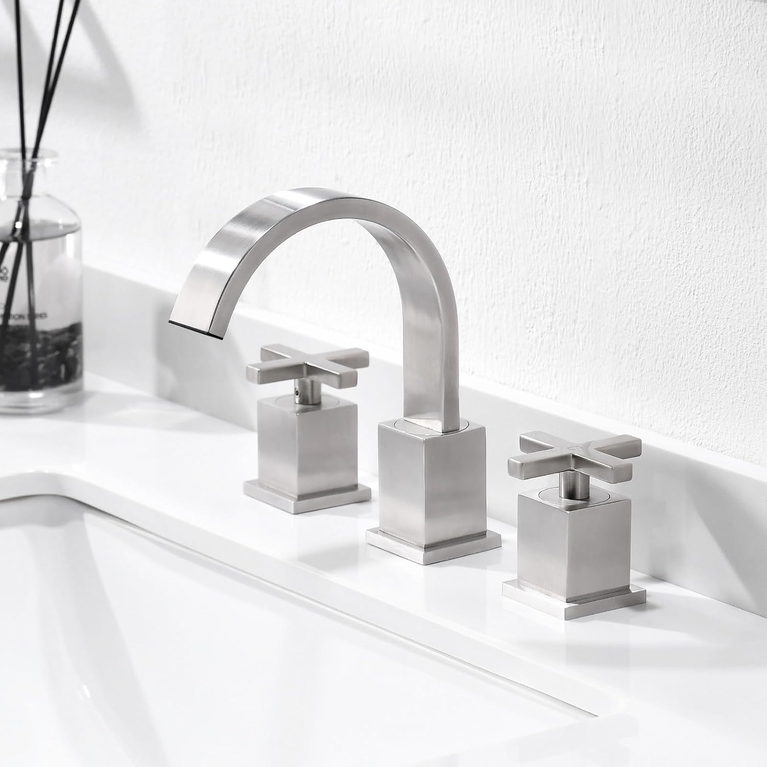 Phiestina Brushed Nickel Waterfall Bathroom Faucet, Widespread 3 Hole 8 Inch Modern Sink Faucet, with 360 Degree Swivel Spout, Pop Up Drain and Water Supply Lines, WF001-10-BN