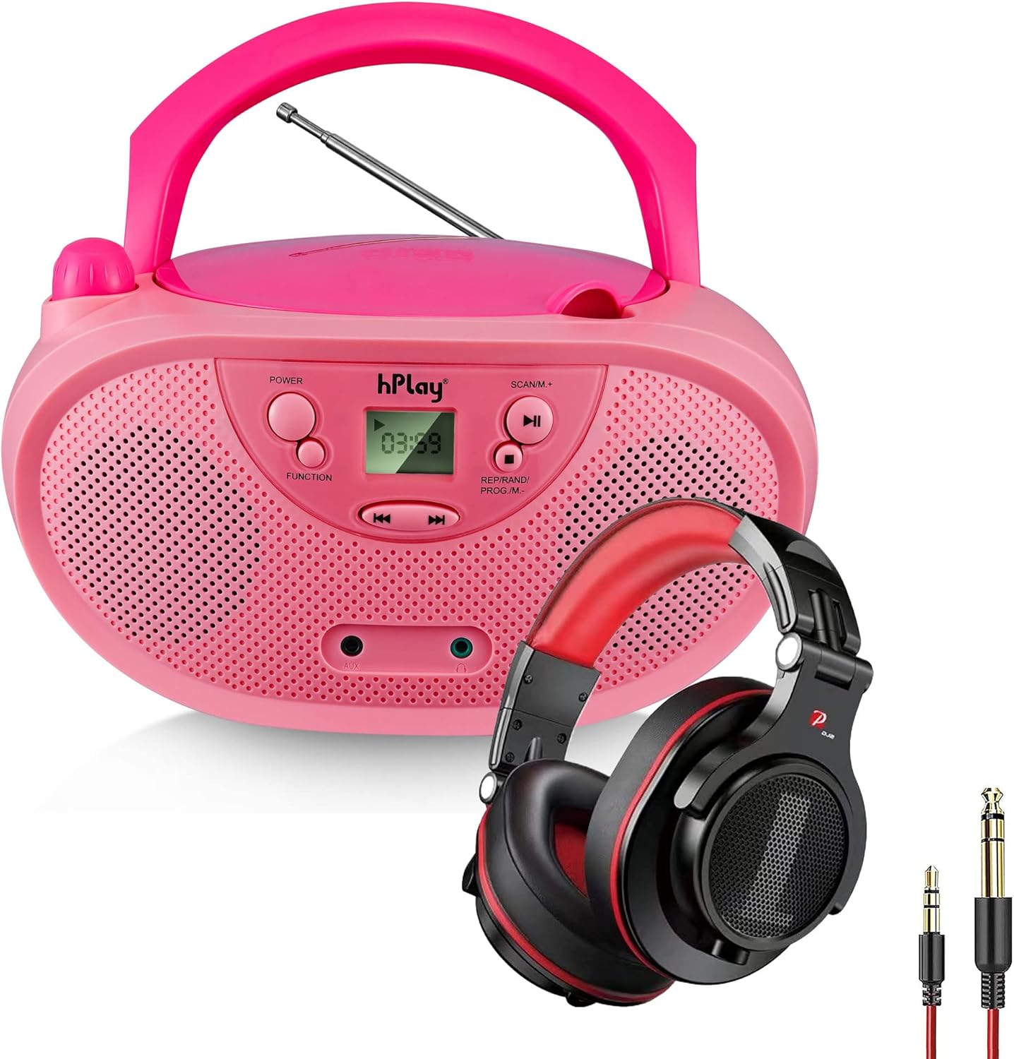 GC04 Portable CD Player Boombox with AM FM Stereo Radio Kids CD Player LCD Display, Front Aux-in Port and Headphone (Red), Supported AC or Battery Powered- Pastel Pink
