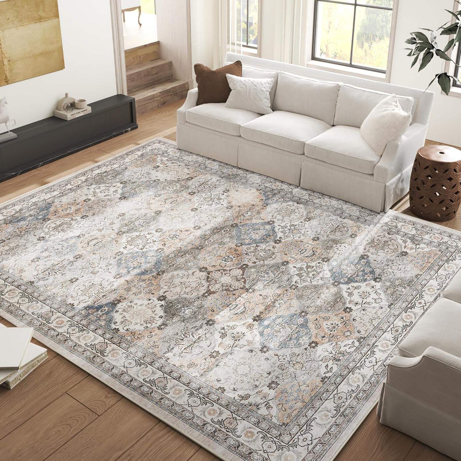 jinchan Moroccan Area Rug 8x10 Washable Rug Floral Medallion Accent Rug MoroccanTrellis Floor Cover Non Slip Kitchen Rug Vintage Retro Carpet Soft Thin Rug for Living Room Bedroom Dining Room Beige