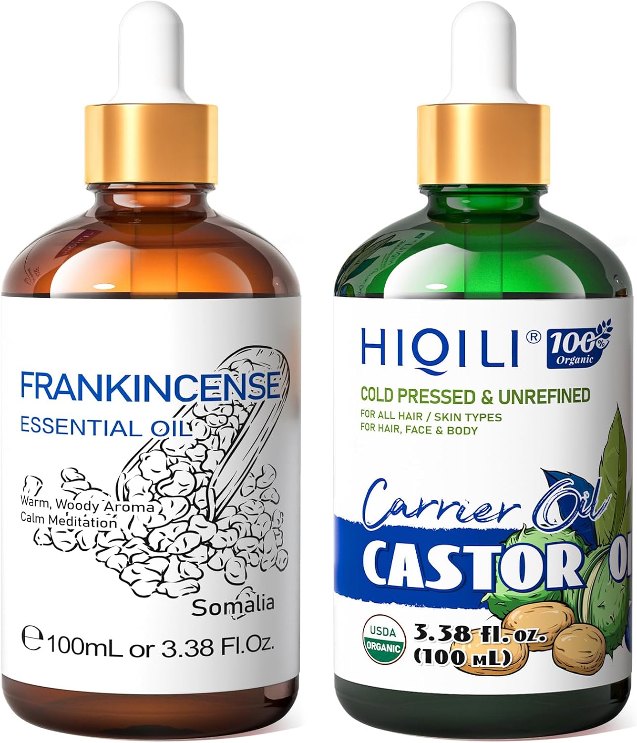 HIQILI Frankincense Essential Oil and Castor Oil, 100% Pure Natural for Diffuser - 3.38 Fl Oz