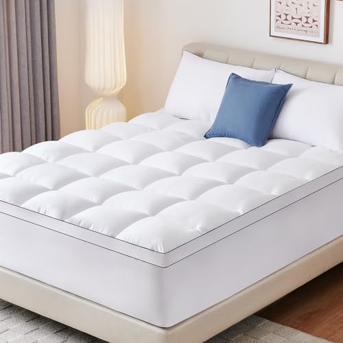 Memory Foam Mattress Topper Queen, Dual Layer 4” Mattress Pad, 2” Cooling Gel Memory Foam Plus 2” Extra Thick Pillow Top Cover with 8-21” Deep Pocket, for Back Pain & Sleep Comfort, White