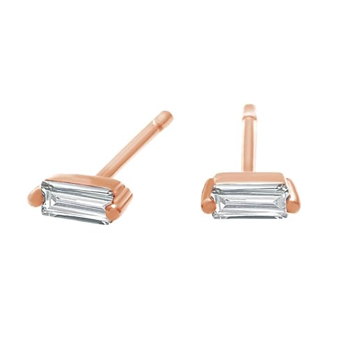 Baguette Cut Cubic Zirconia Or Moissanite Diamond Dainty Stud Earring In 14K Gold Over Sterling Silver, Cubic Zirconia Or Moissanite Diamond Gift For Her