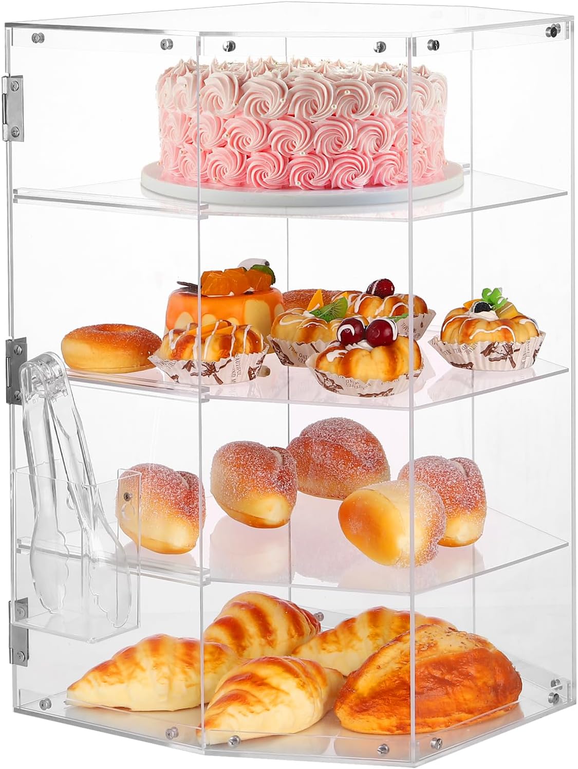 4-Tier Countertop Bakery Display Case, Acrylic Cake/Pie Display Case Pastry Display Case Cabinet with Tong, Commercial Dessert Display Case for Bread, Muffins, Cookies - 21.8