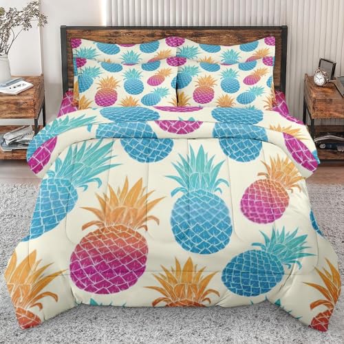 5 Pcs Comforter Set Twin Size, Green Orange Pink Bed in a Bag with Flat Sheet and Fitted Sheet for Kids and Adults, Colorful Dye Turquoise Bedding Set with Pillowcase & Sham