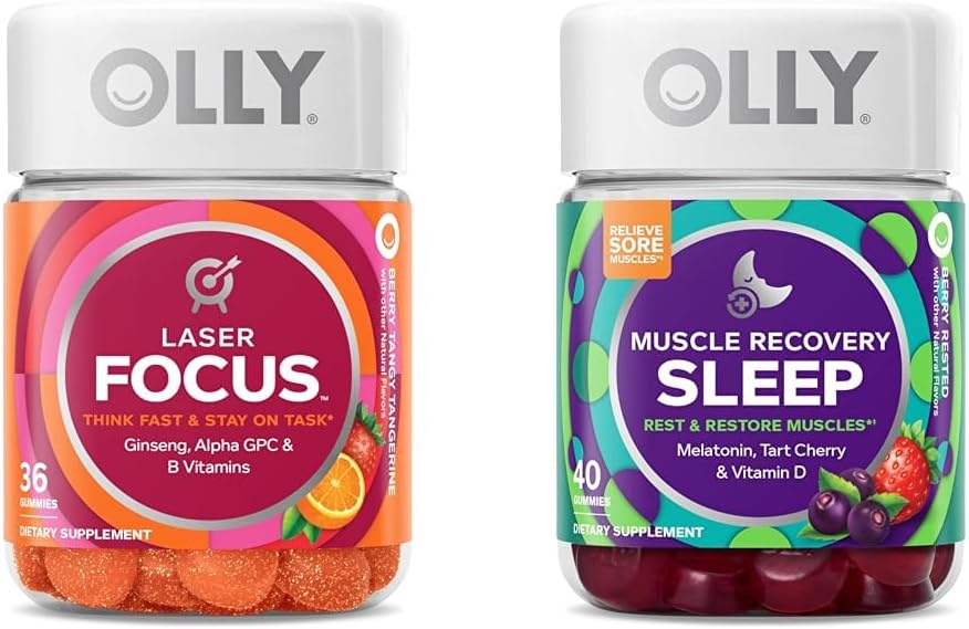 OLLY Laser Focus Gummy Brain Support with Muscle Recovery Sleep Gummies, Melatonin and Antioxidants - 36 and 40 Count