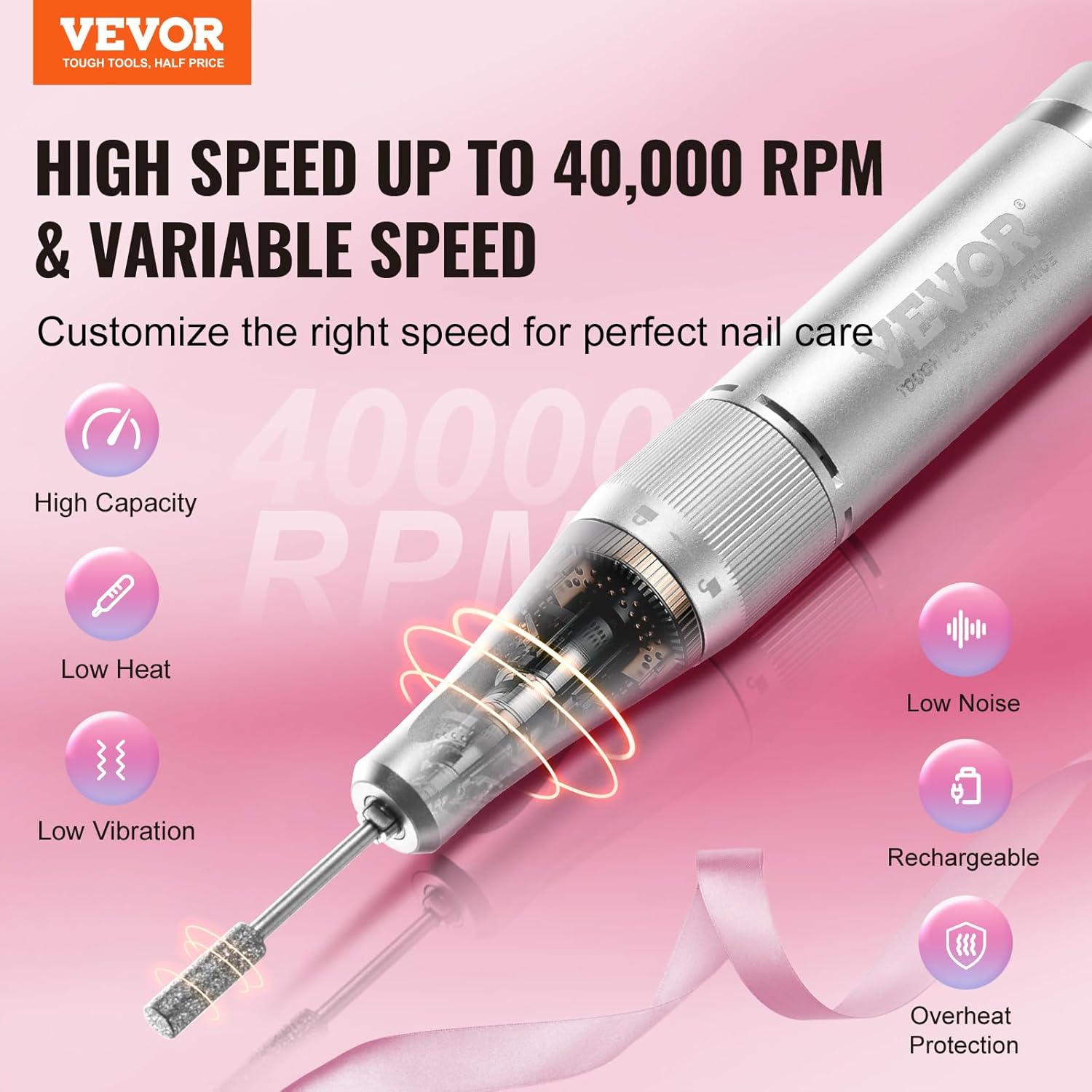 VEVOR Electric Rechargeable Nail Drill, 40,000RPM Portable Cordless Nail E File Machine, LCD-Display Acrylic Gel Grinder Tool with 6 Bits and 50PCS Sanding Bands for Manicure Pedicure Carve Polish