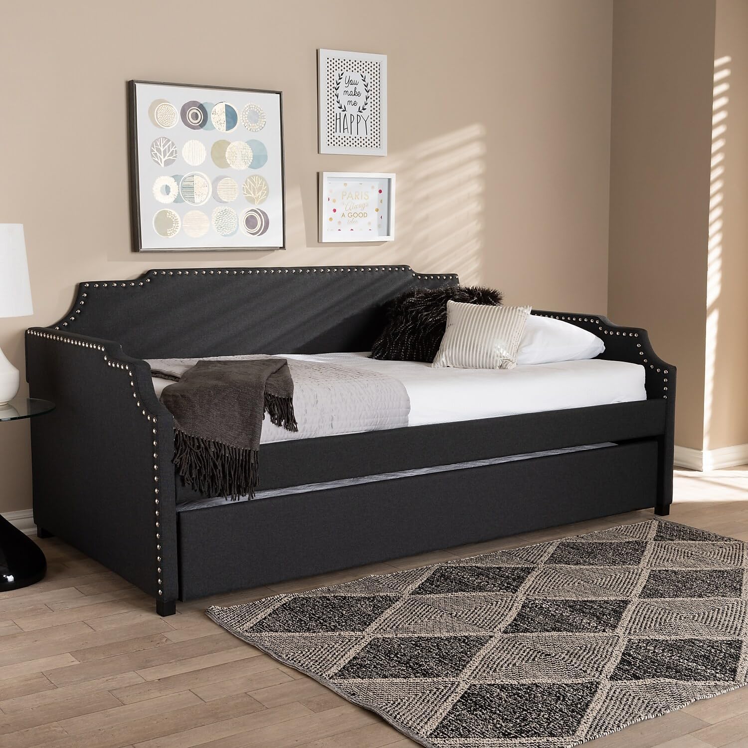 Baxton Studio Ally Modern and Contemporary Charcoal Fabric Upholstered Twin Size Sofa Daybed with Roll Out Trundle Guest Bed