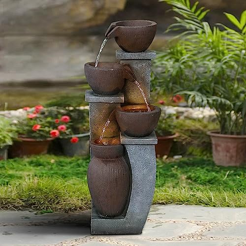 Outdoor Waterfall Fountain - 39 1/2” H Garden Fountains Outdoor Designed with 5-Tiered Cylindrical&LED Lights for Indoor-Outdoor Decor, Cascading Water Features Outdoor for Relaxing