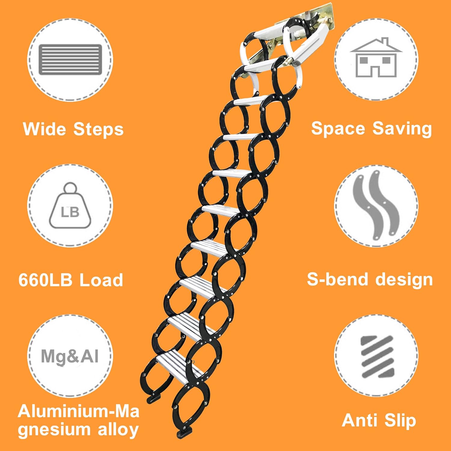 TECHTONGDA Folding Attic Ladder Pull Down Attic Stairs, Narrow Wall-mounted Attic Steps, Retractable Loft Ladder Stairs, 12 Steps Alloy Attic Access Ladder, 9.8feet Max Vertial Height, Folding Stairs