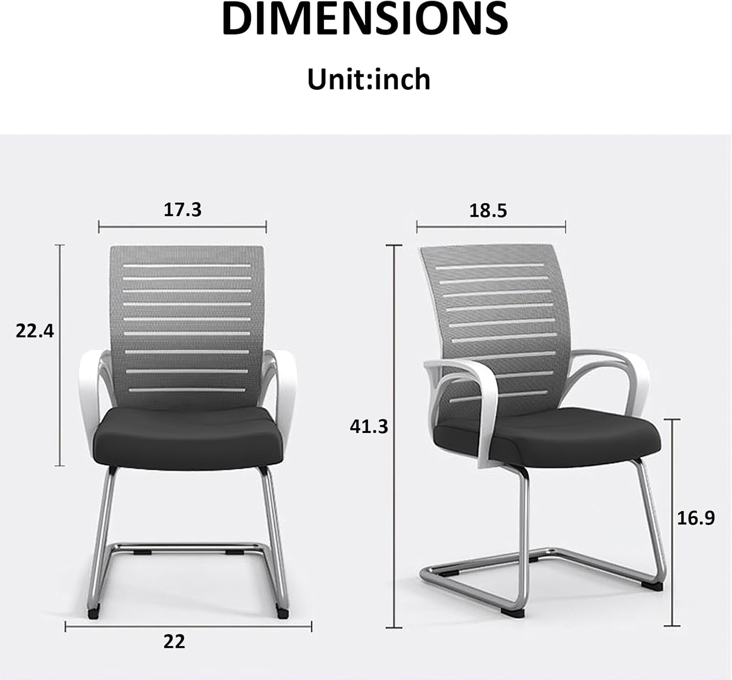 Set of 2 Office Desk Chairs, Mid Back Ergonomic Mesh Chair, Sled-Base Task Chair with Lumbar Support and Armrests, No Wheels Comfortable Chair, Black Mesh with White Frame for Office Home Study